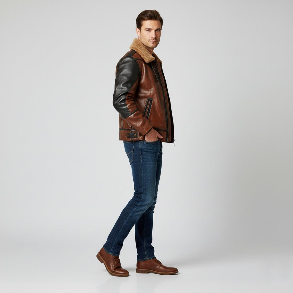 Men’s Two-Tone Leather Bomber Jacket – Tan & Black Flight Style