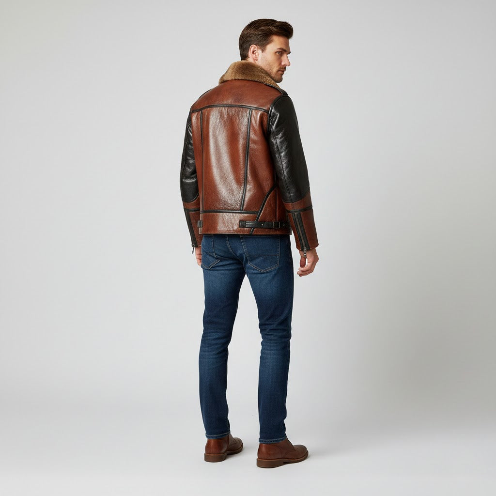Men’s Two-Tone Leather Bomber Jacket – Tan & Black Flight Style