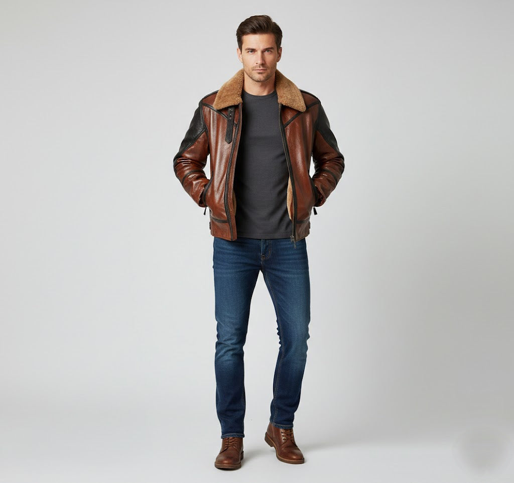 Men’s Two-Tone Leather Bomber Jacket – Tan & Black Flight Style
