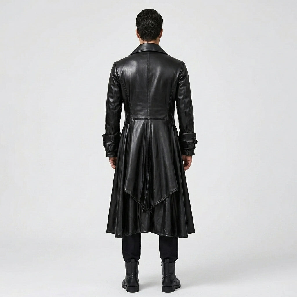 Men’s Black Steampunk Gothic Leather Tailcoat – Victorian Long Coat
