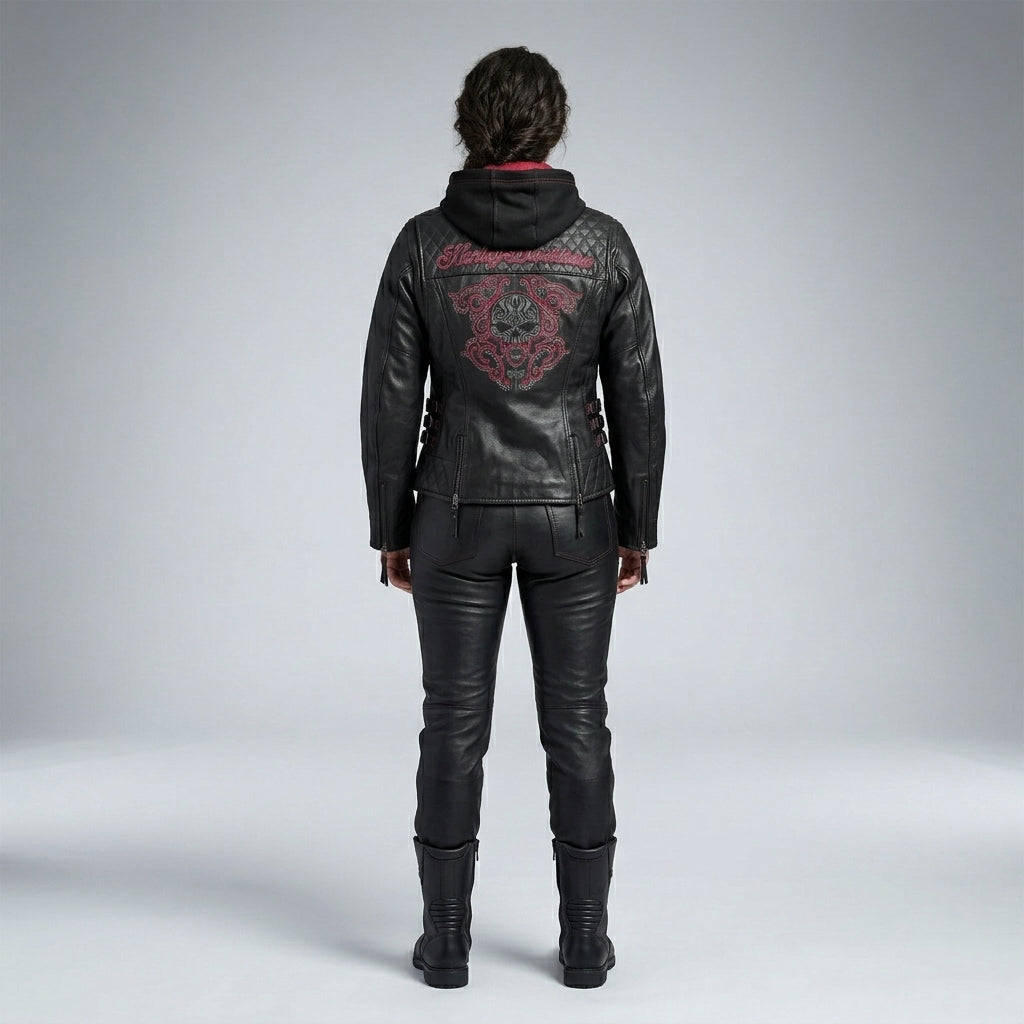 Women’s Scroll Skull Leather Motorcycle Jacket – Harley Style Edition