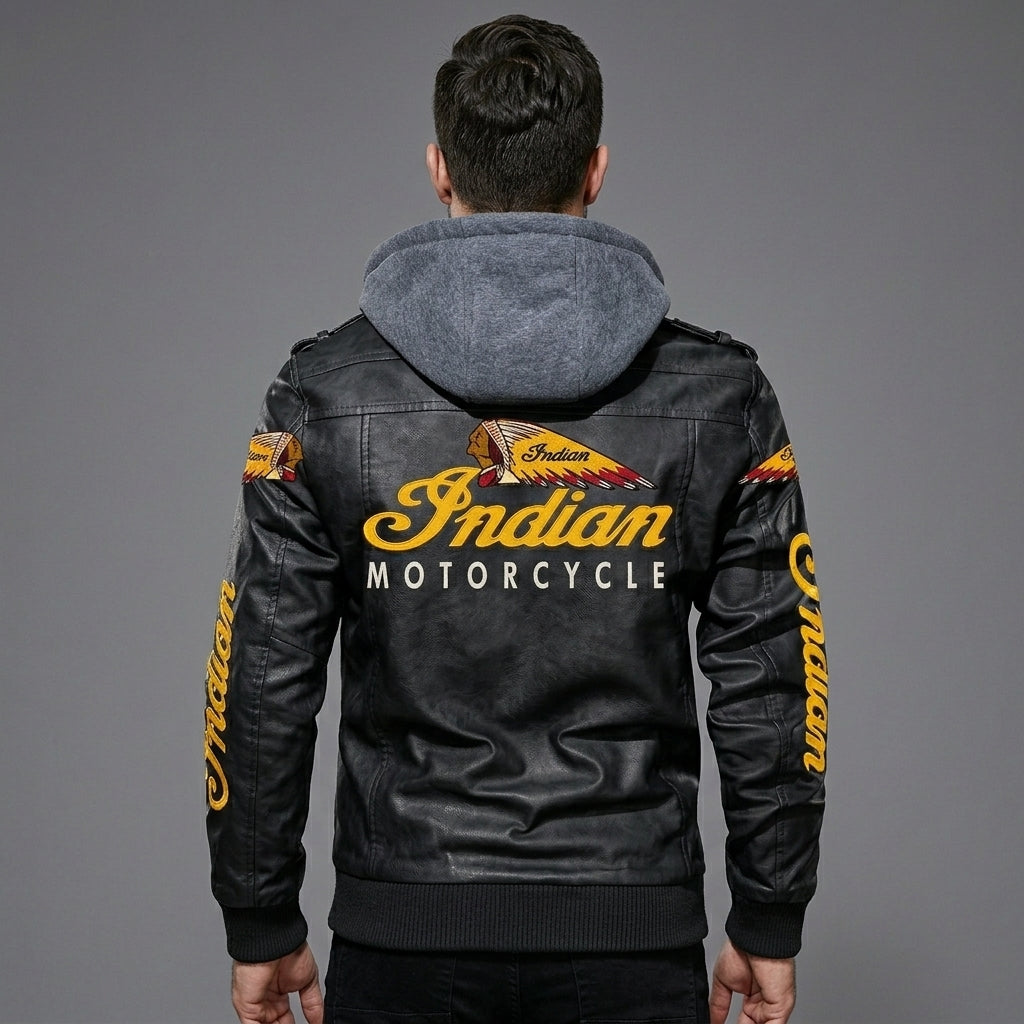 Men’s Leather Biker Jacket – Embroidered Star & Heritage Script Moto Style