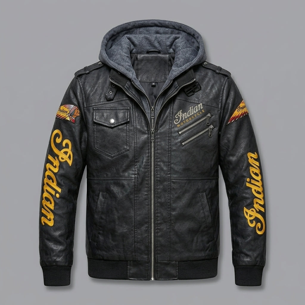 Men’s Leather Biker Jacket – Embroidered Star & Heritage Script Moto Style