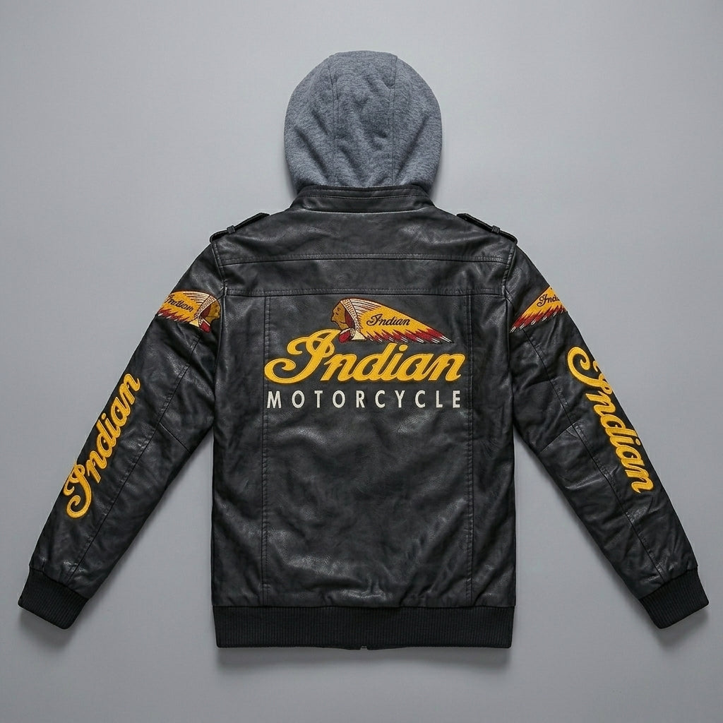 Men’s Leather Biker Jacket – Embroidered Star & Heritage Script Moto Style