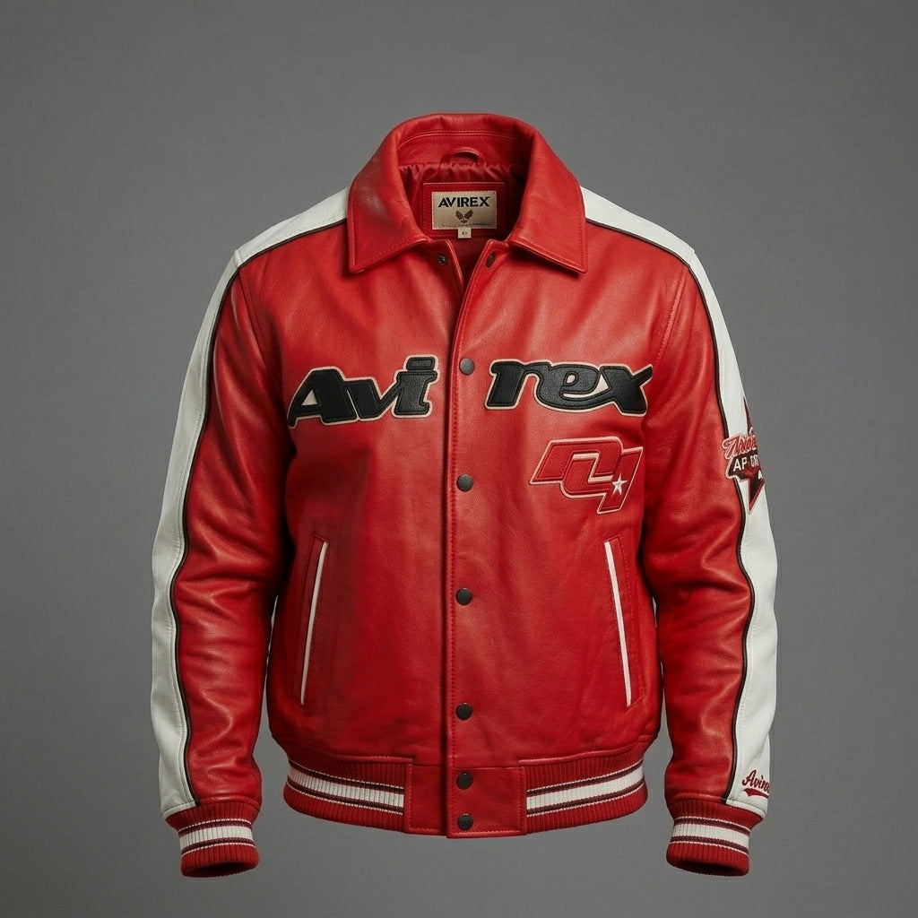 Men’s Classic Leather Moto Jacket – Orange & Cream Contrast Panel Design