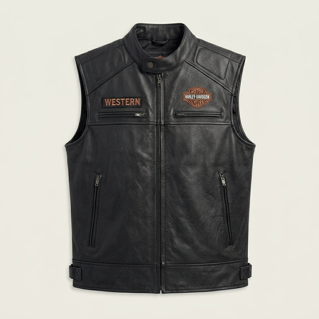 Men’s Black Genuine Leather Motorcycle Vest – Harley davidson-Biker Club Cut