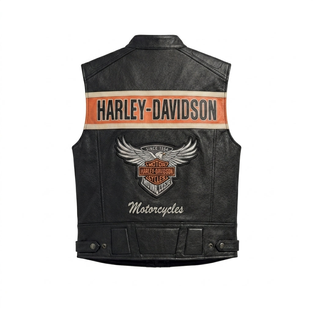 Men’s Black Genuine Leather Motorcycle Vest – Harley davidson-Biker Club Cut