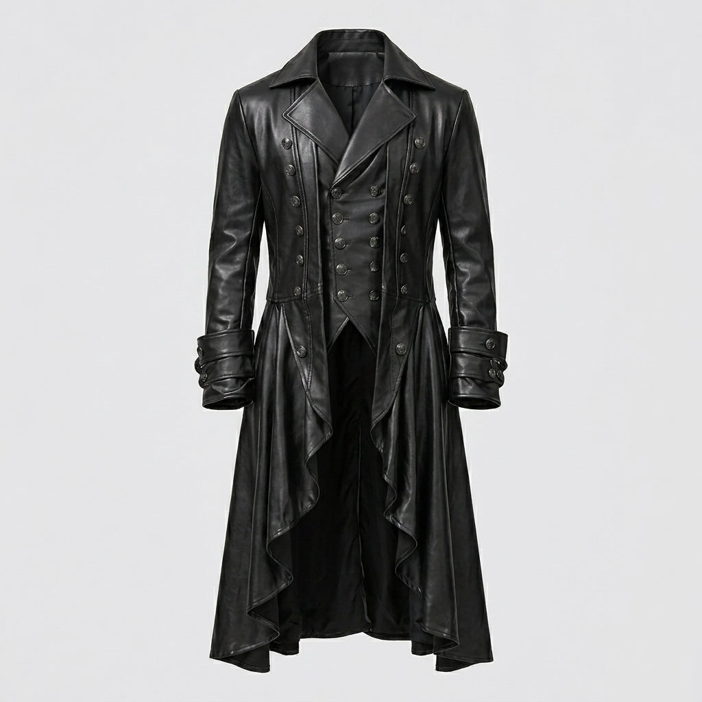 Men’s Black Steampunk Gothic Leather Tailcoat – Victorian Long Coat