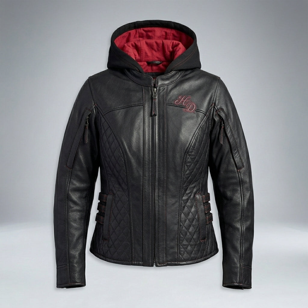 Women’s Scroll Skull Leather Motorcycle Jacket – Harley Style Edition