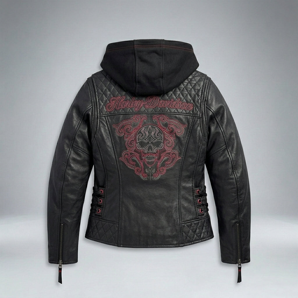 Women’s Scroll Skull Leather Motorcycle Jacket – Harley Style Edition