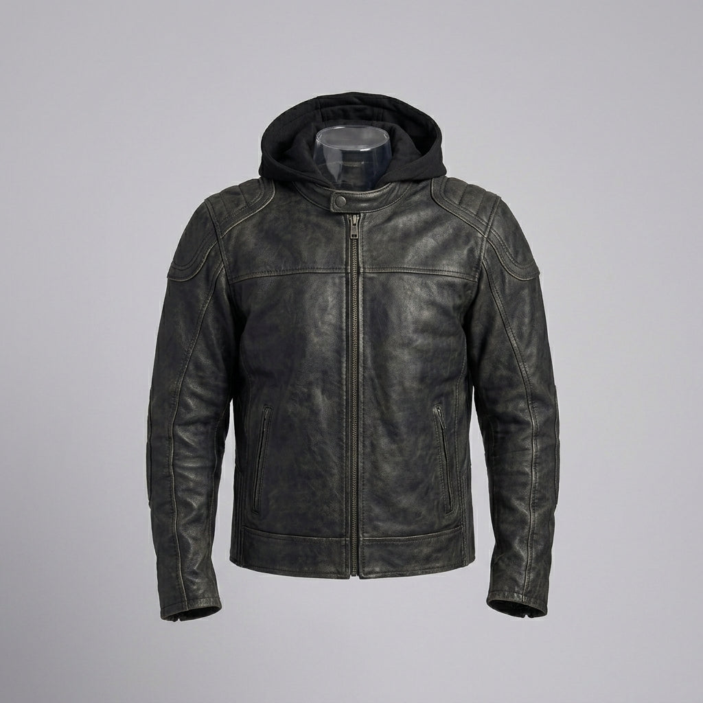 Men’s Black Hooded Leather Biker Jacket – Urban Moto Style