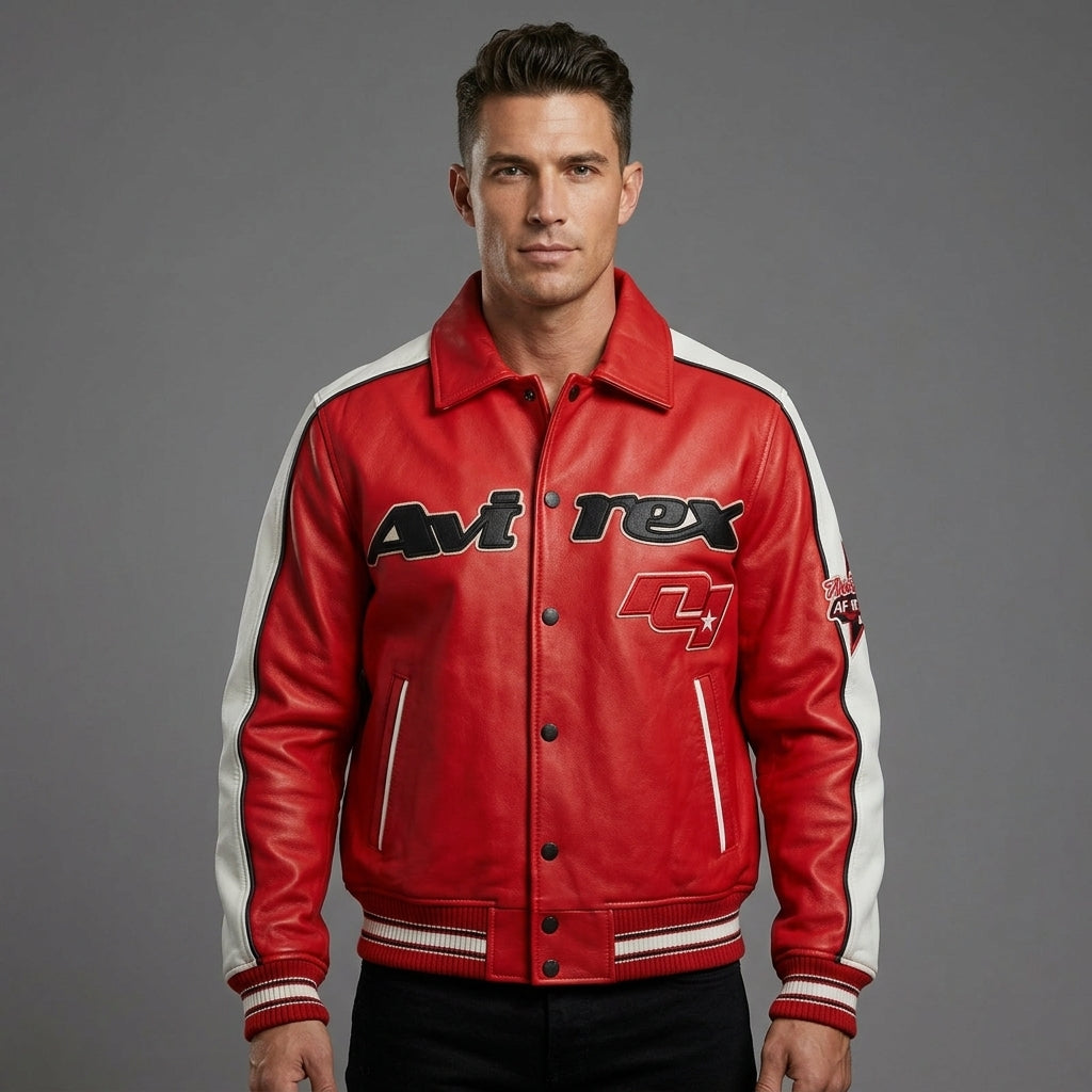 Men’s Classic Leather Moto Jacket – Orange & Cream Contrast Panel Design