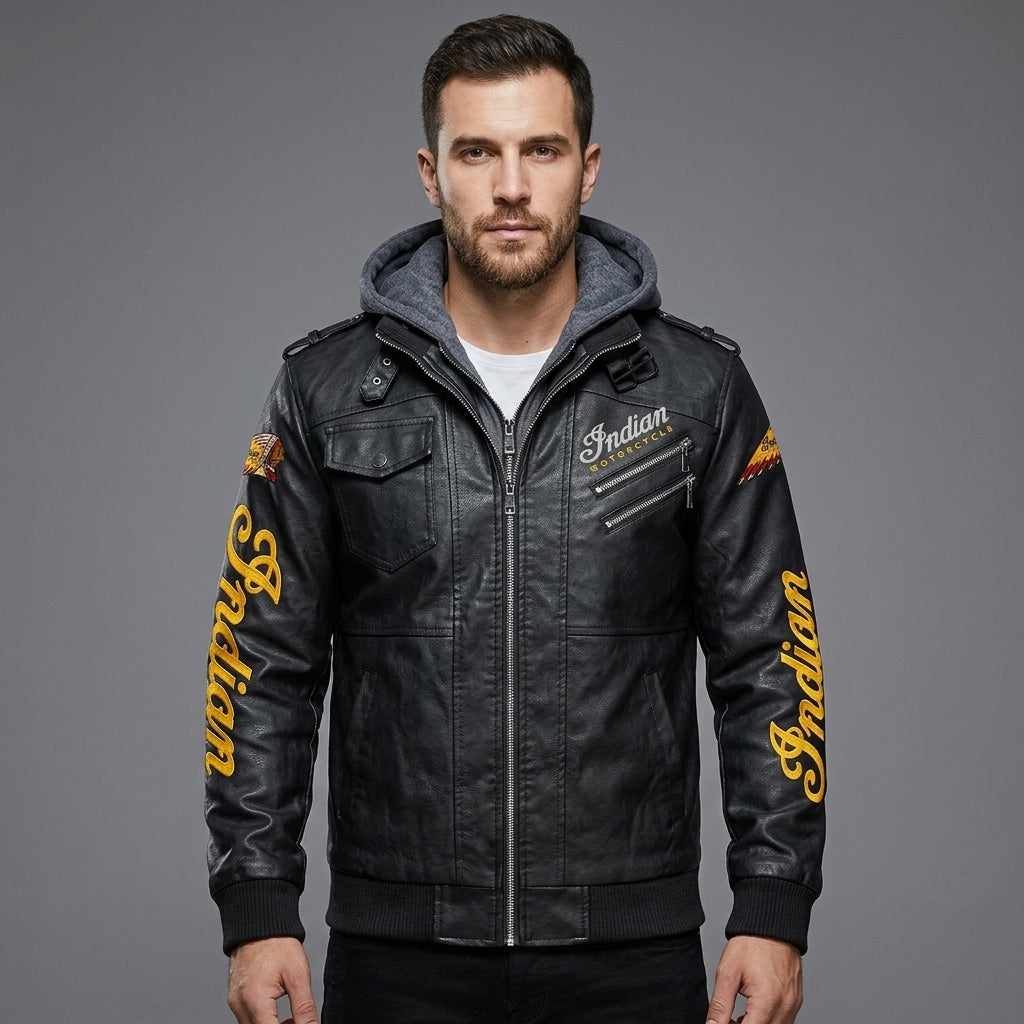 Men’s Leather Biker Jacket – Embroidered Star & Heritage Script Moto Style
