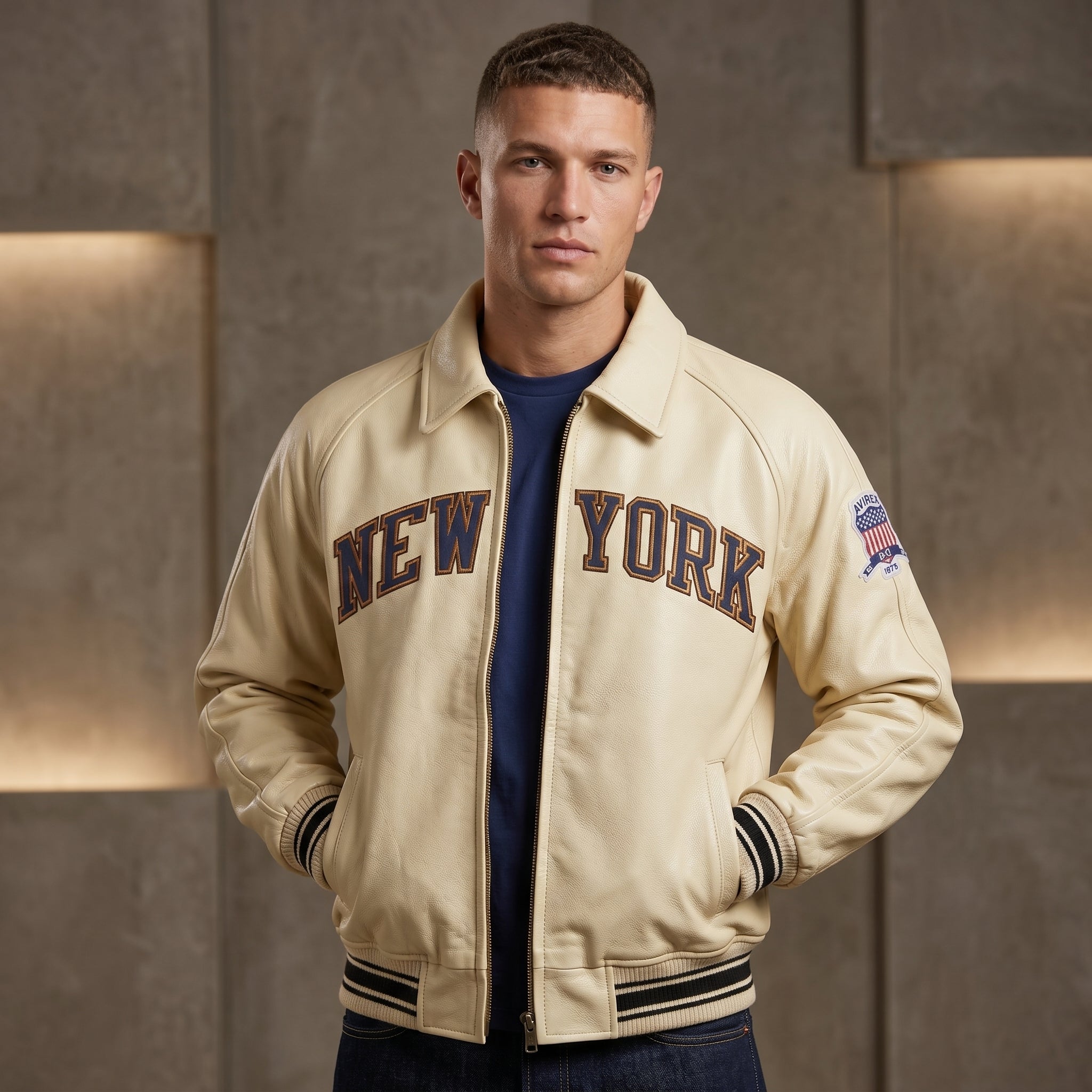 Knicks Kith x Avirex Leather Bomber Jacket Genuine Cowhide Leather Biker Jacket Premium Quality Varsity Style Handmade Leather Avirex Jacket