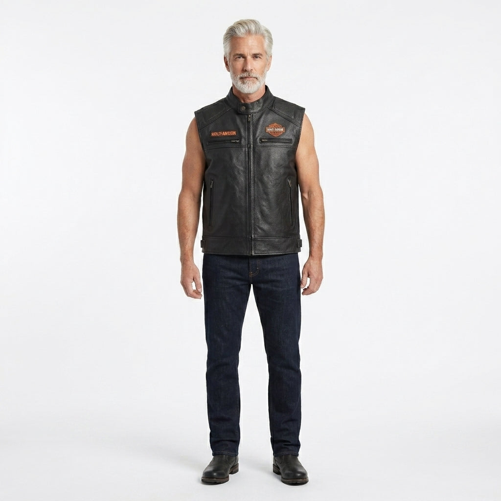 Men’s Black Genuine Leather Motorcycle Vest – Harley davidson-Biker Club Cut