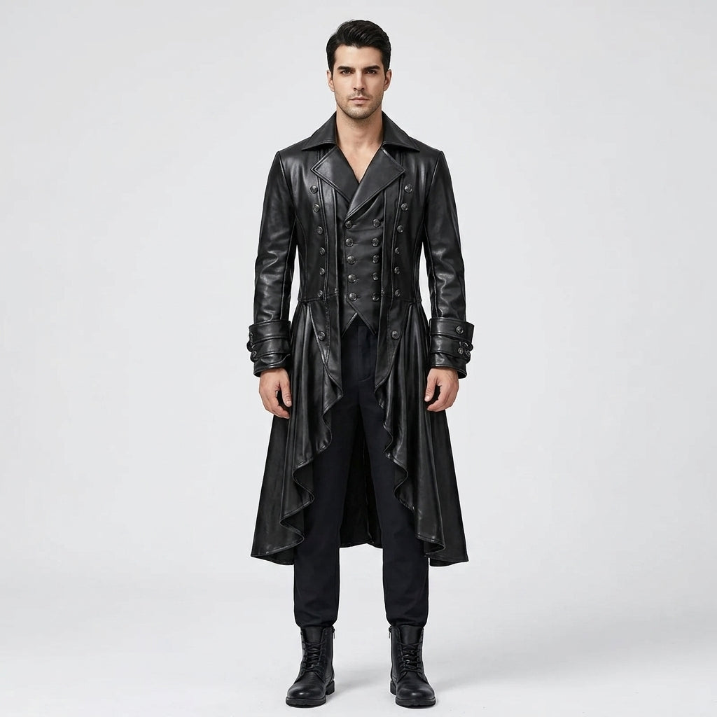 Men’s Black Steampunk Gothic Leather Tailcoat – Victorian Long Coat