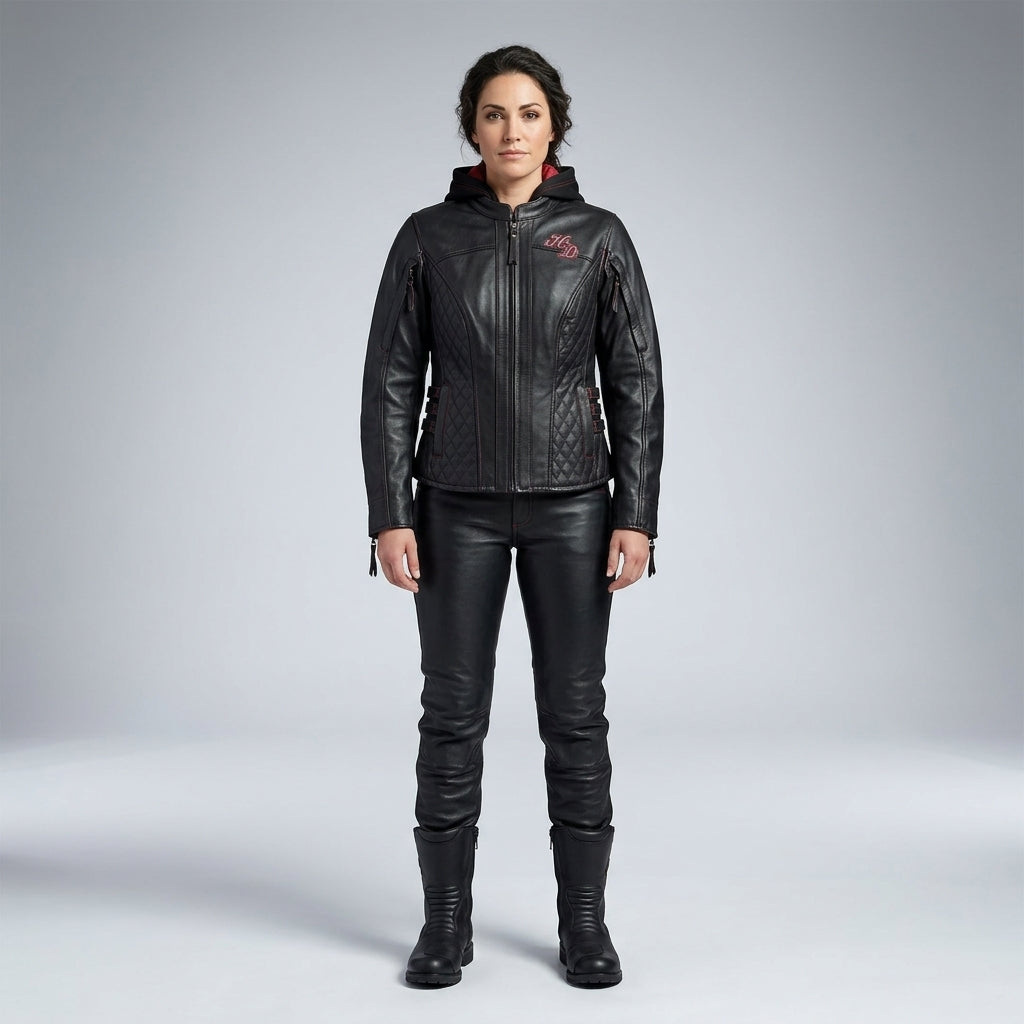 Women’s Scroll Skull Leather Motorcycle Jacket – Harley Style Edition