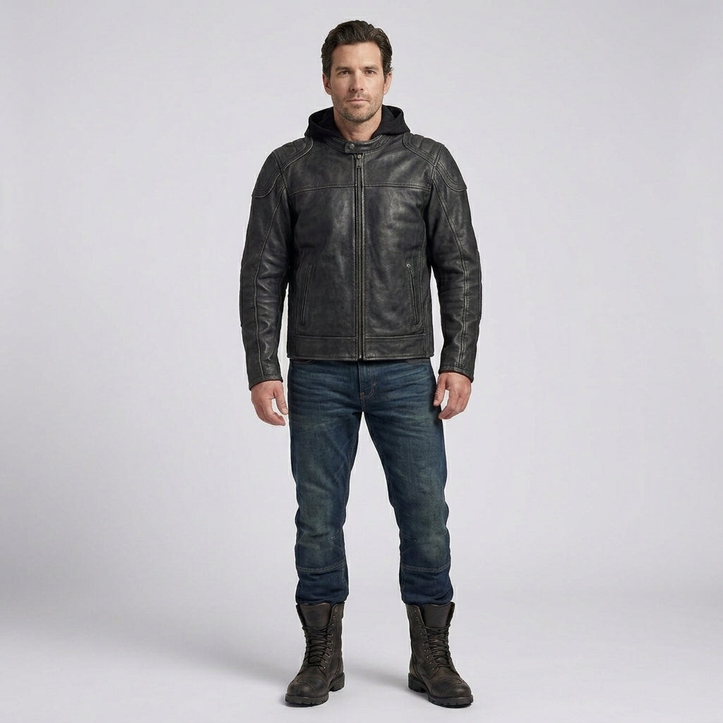 Men’s Black Hooded Leather Biker Jacket – Urban Moto Style
