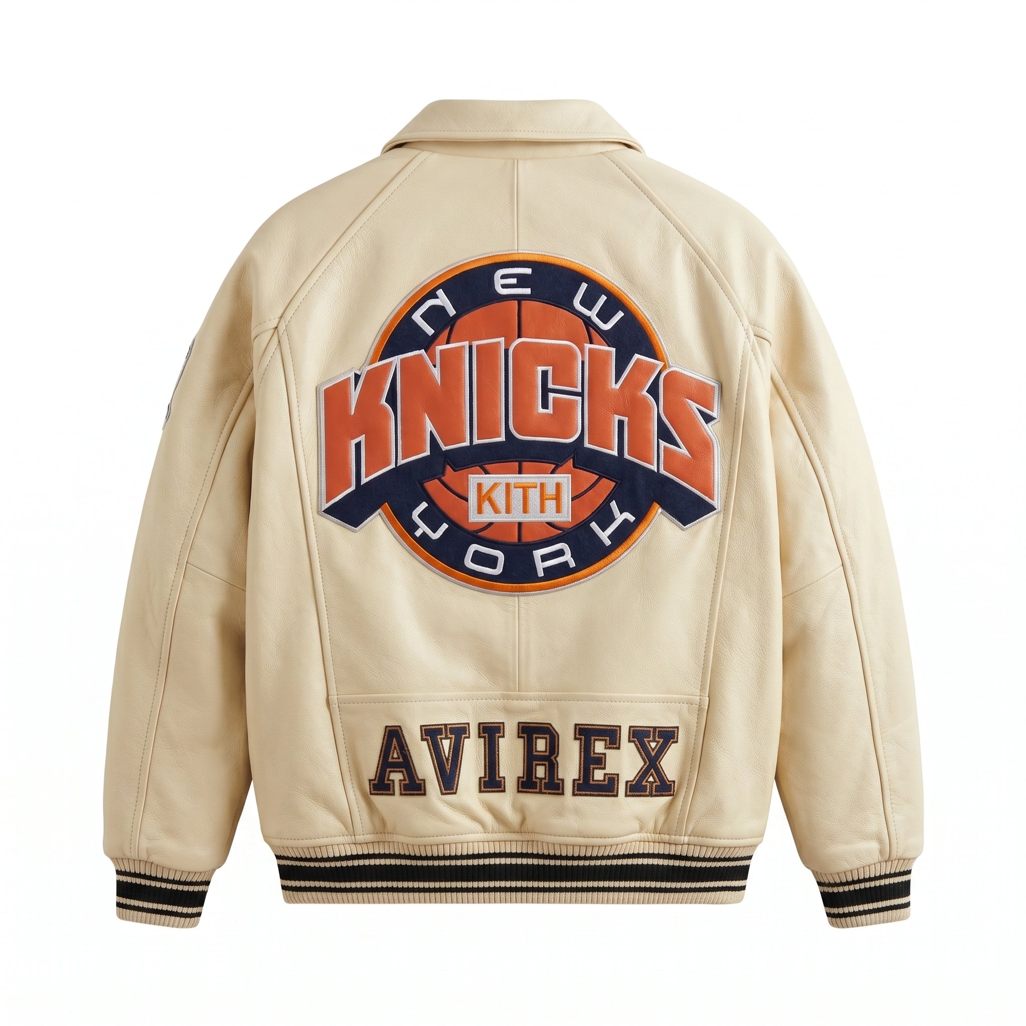 Knicks Kith x Avirex Leather Bomber Jacket Genuine Cowhide Leather Biker Jacket Premium Quality Varsity Style Handmade Leather Avirex Jacket