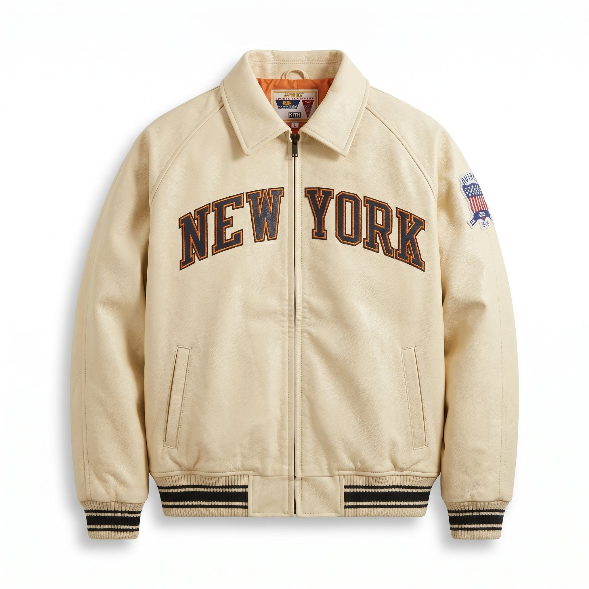 Knicks Kith x Avirex Leather Bomber Jacket Genuine Cowhide Leather Biker Jacket Premium Quality Varsity Style Handmade Leather Avirex Jacket