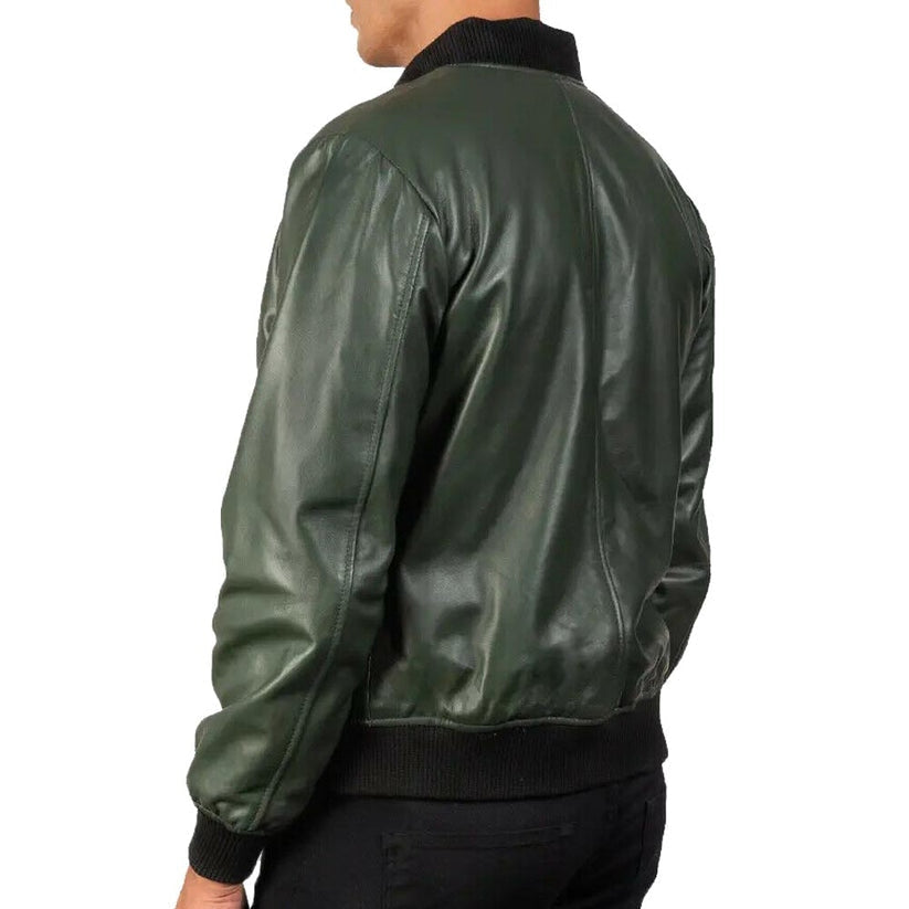 Men’s Green Real Leather Bomber Motorcycle Jacket