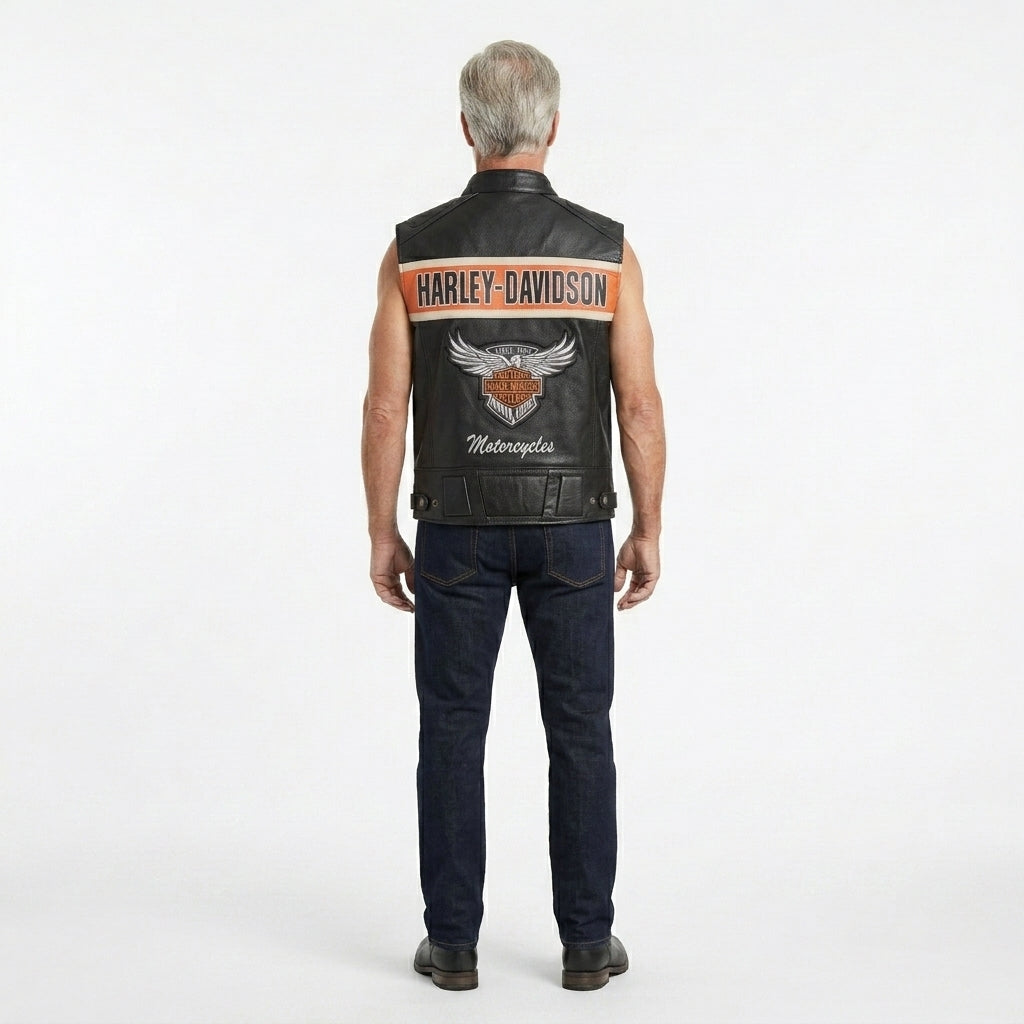 Men’s Black Genuine Leather Motorcycle Vest – Harley davidson-Biker Club Cut