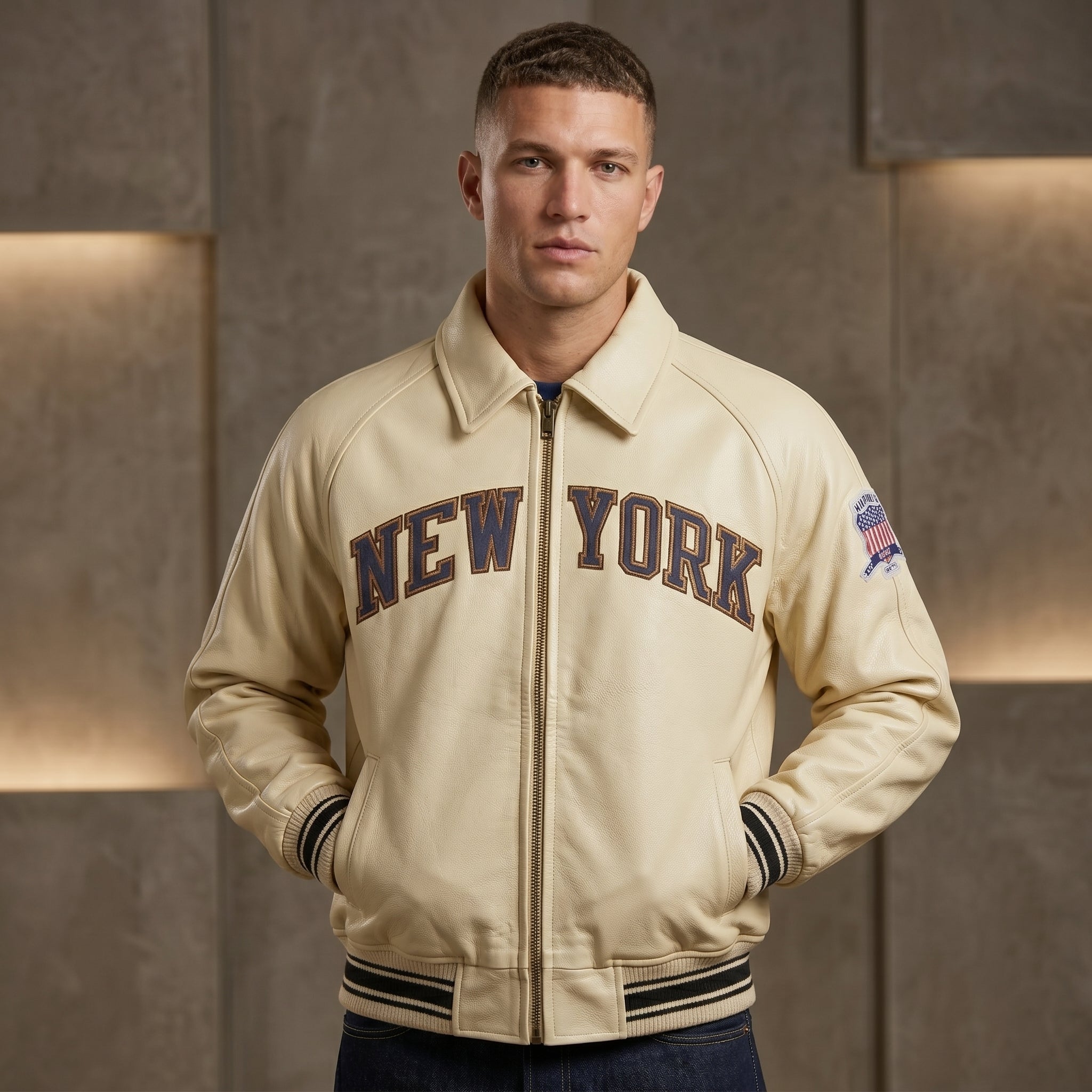 Knicks Kith x Avirex Leather Bomber Jacket Genuine Cowhide Leather Biker Jacket Premium Quality Varsity Style Handmade Leather Avirex Jacket