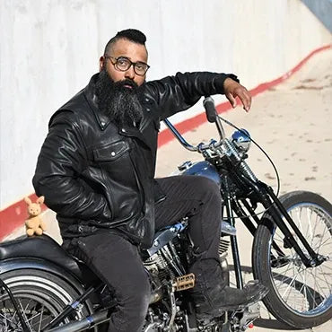 Men’s Classic Leather Moto Jacket – Orange & Cream Contrast Panel Design