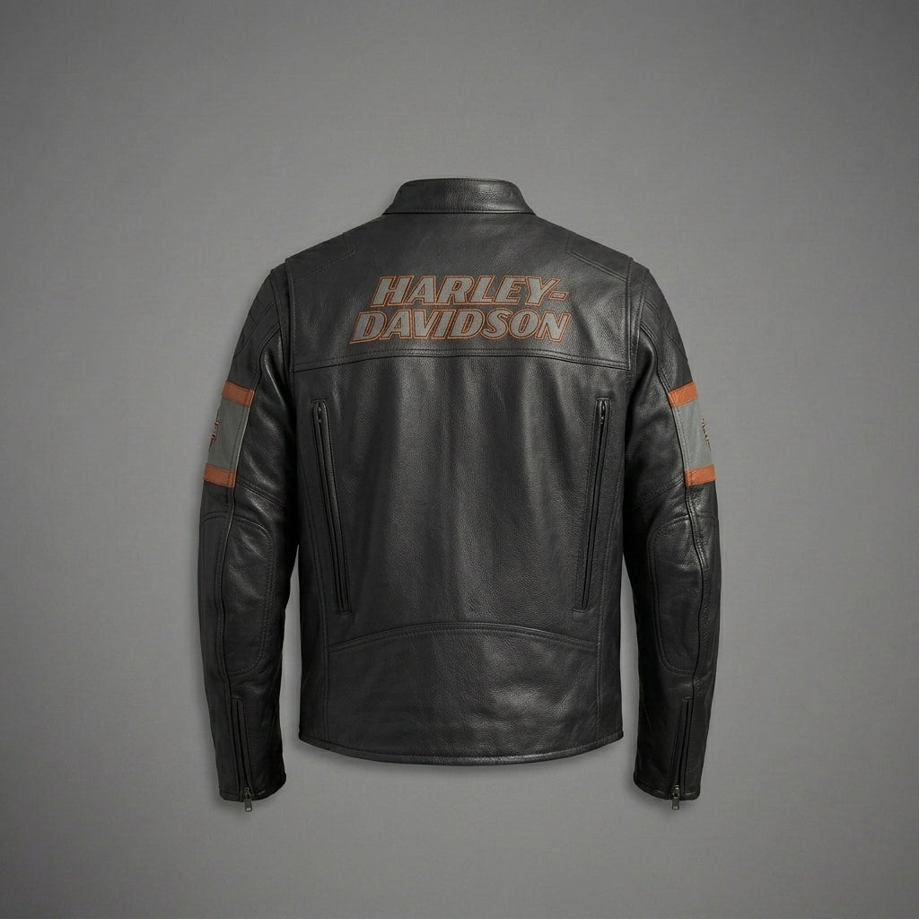 Men’s Harley-Davidson Style Black Leather Moto Jacket – Orange Script Edition