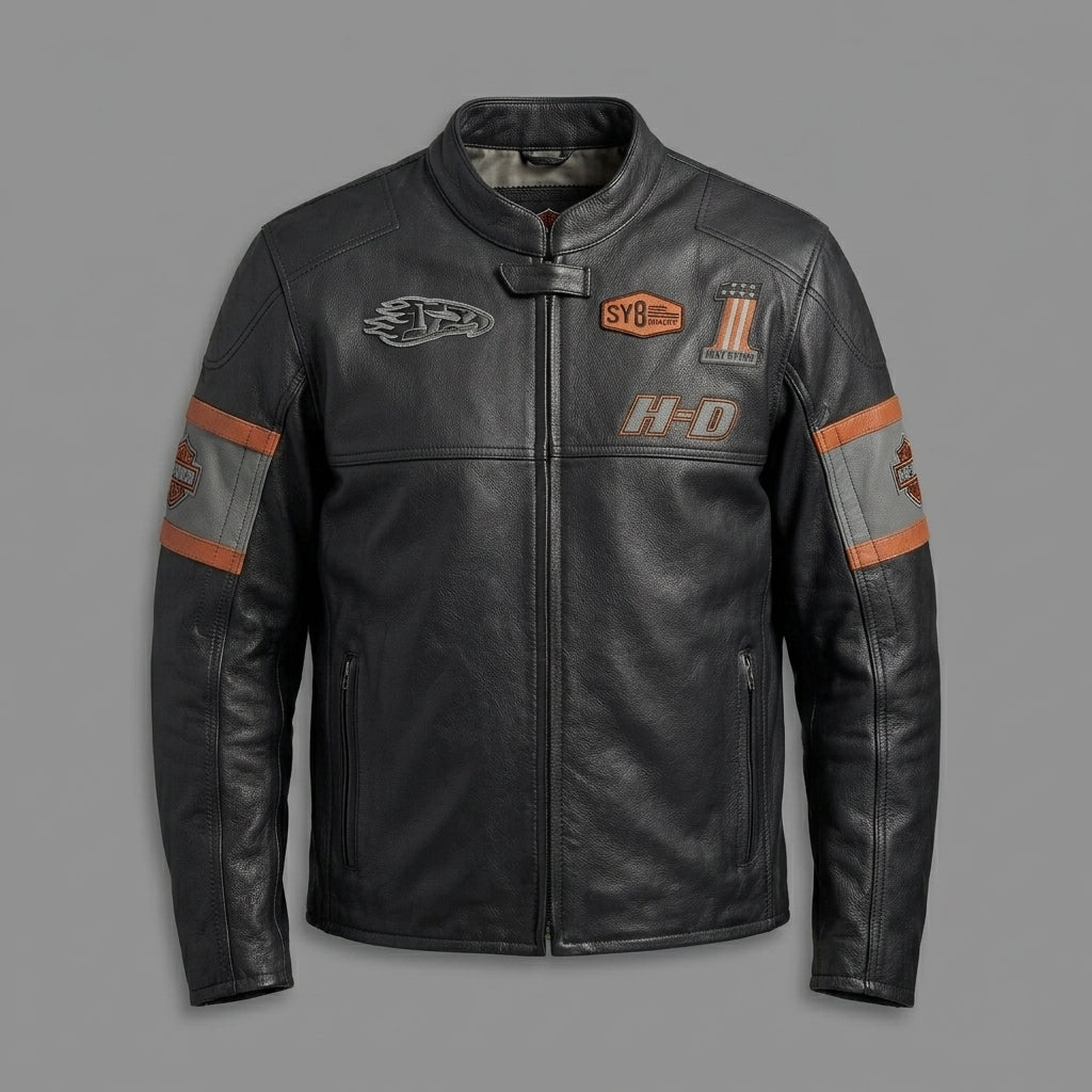 Men’s Harley-Davidson Style Black Leather Moto Jacket – Orange Script Edition