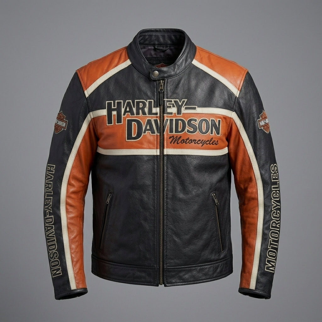 Men’s Harley-Style Leather Racing Jacket – Iconic Orange & Black Tricolor Moto
