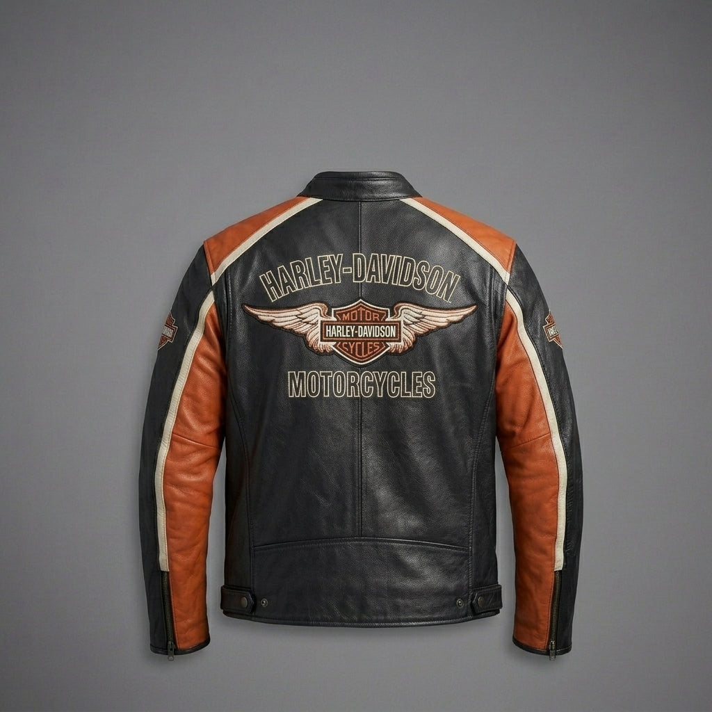 Men’s Harley-Style Leather Racing Jacket – Iconic Orange & Black Tricolor Moto
