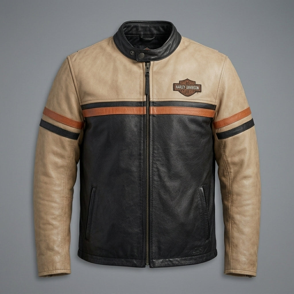 Men’s Harley-Style Leather Moto Jacket – Cream & Black Heritage Edition