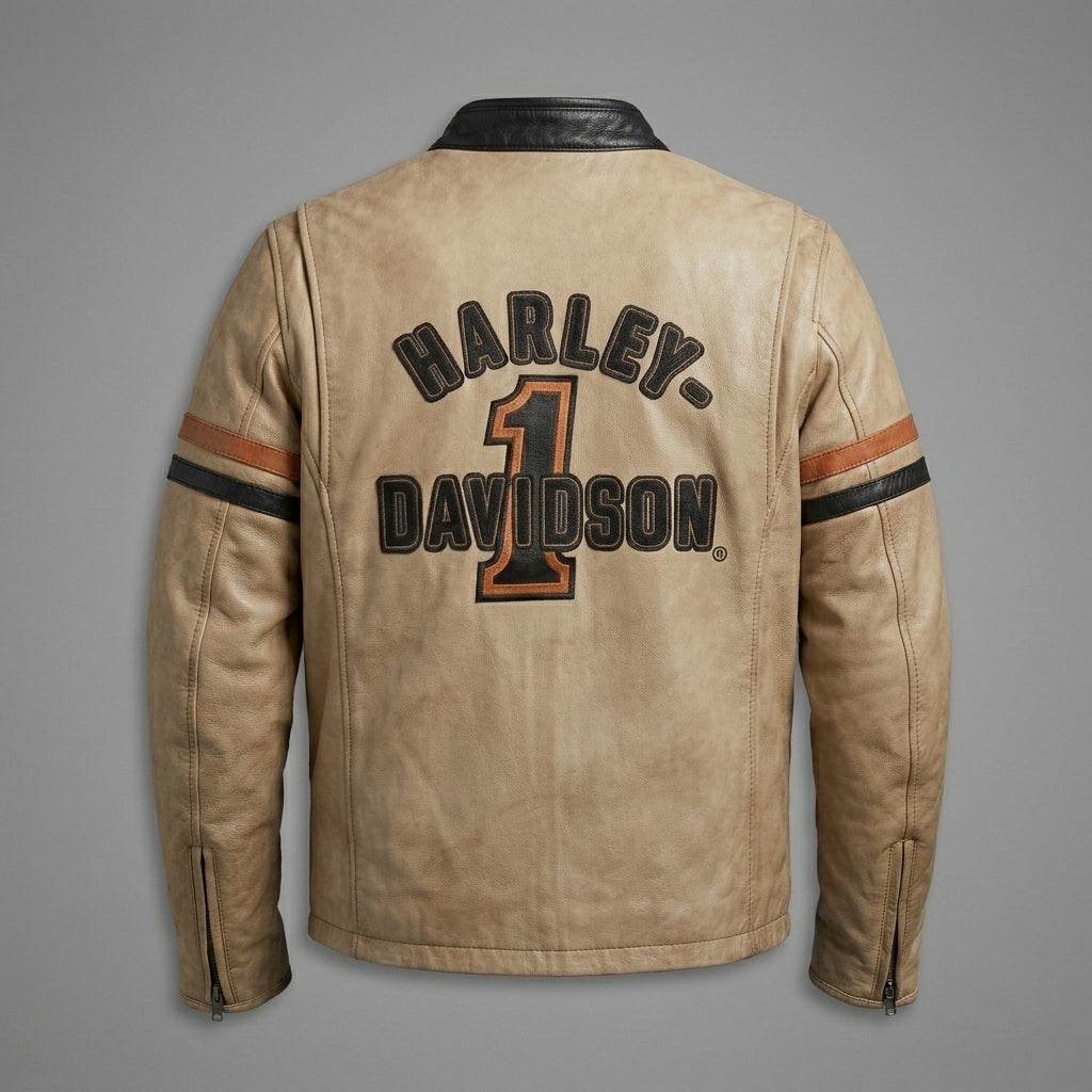Men’s Harley-Style Leather Moto Jacket – Cream & Black Heritage Edition