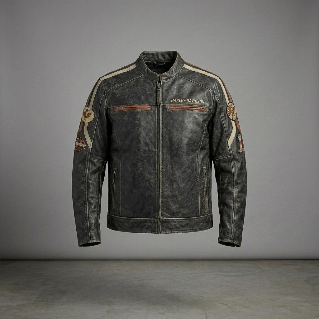 Men’s Harley-Style Distressed Leather Biker Jacket – Vintage Anthracite Moto