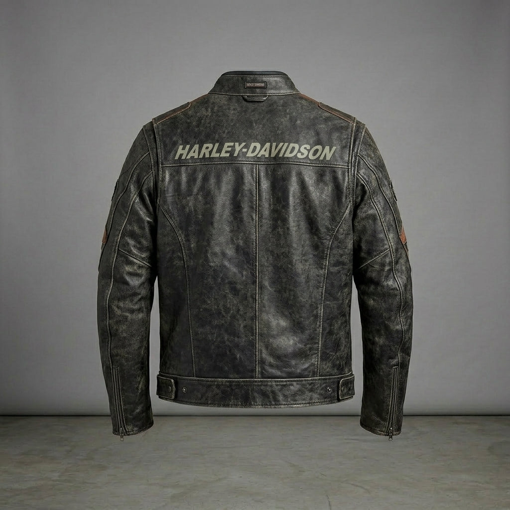 Men’s Harley-Style Distressed Leather Biker Jacket – Vintage Anthracite Moto