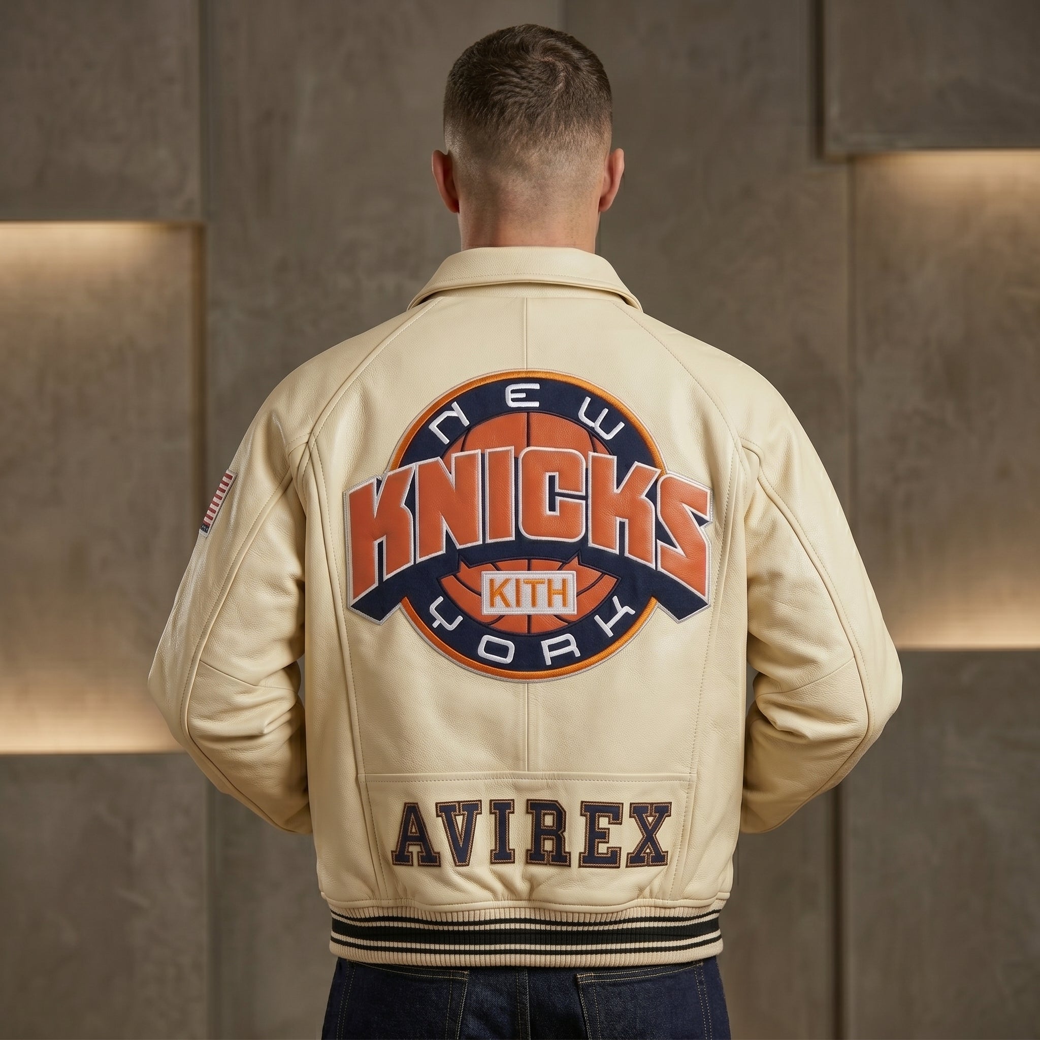 Knicks Kith x Avirex Leather Bomber Jacket Genuine Cowhide Leather Biker Jacket Premium Quality Varsity Style Handmade Leather Avirex Jacket