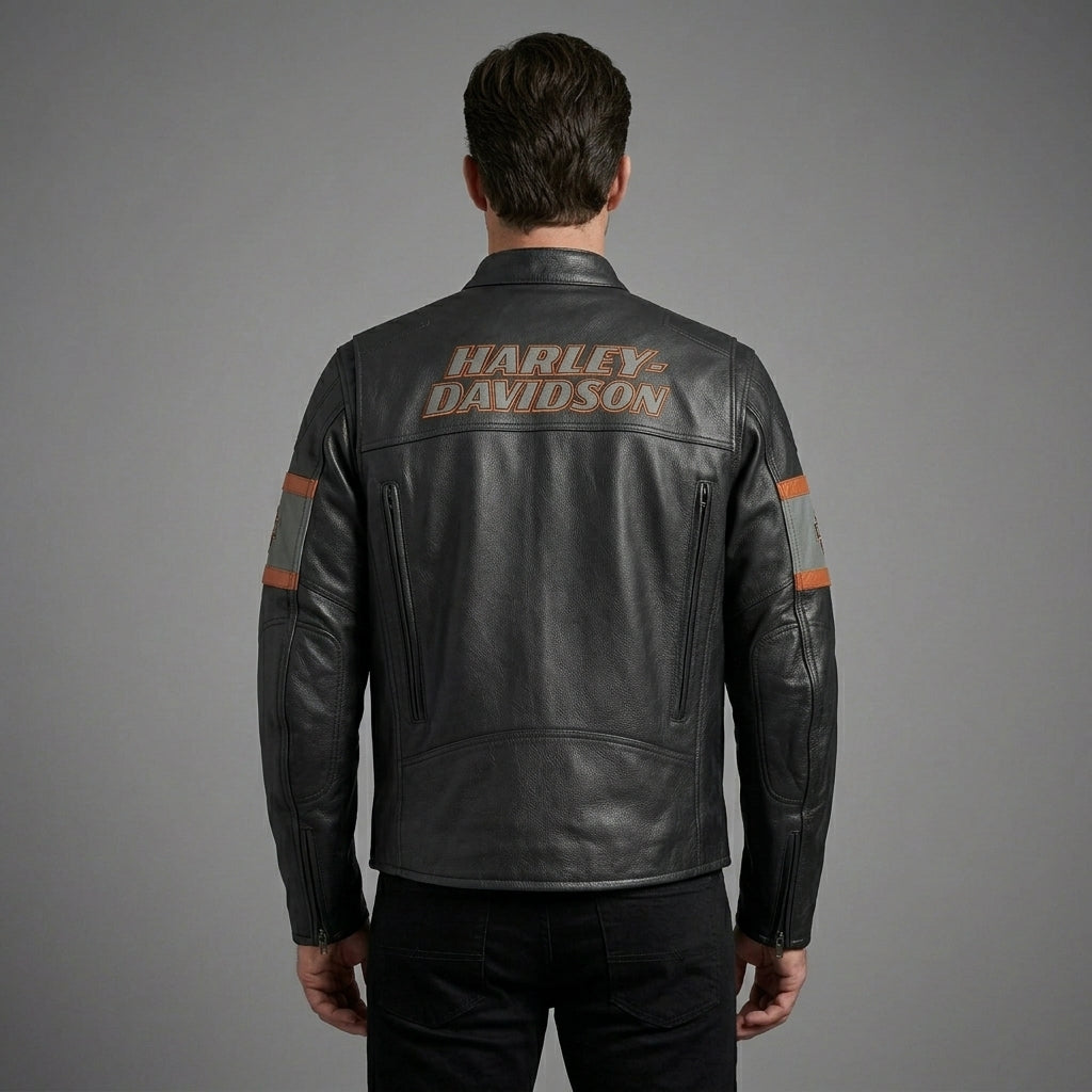 Men’s Harley-Davidson Style Black Leather Moto Jacket – Orange Script Edition