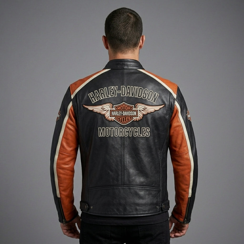Men’s Harley-Style Leather Racing Jacket – Iconic Orange & Black Tricolor Moto