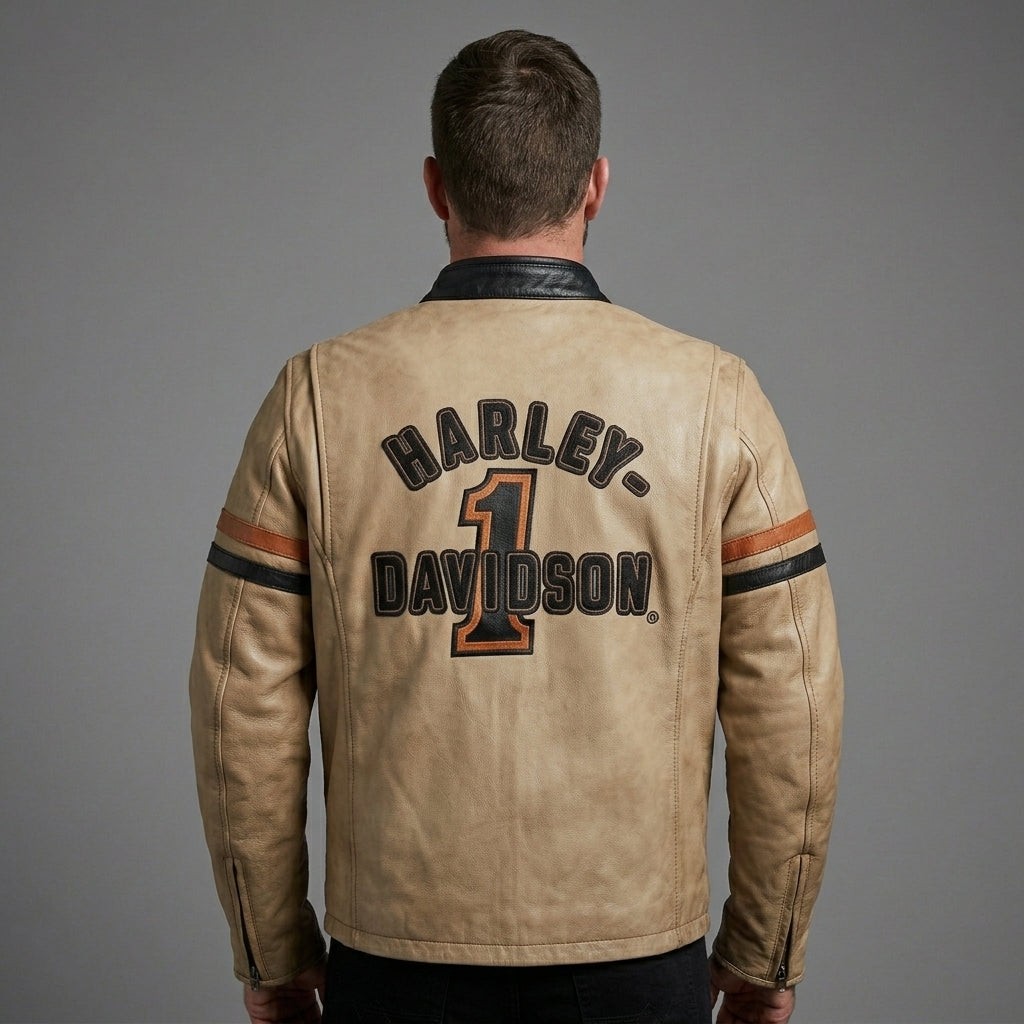 Men’s Harley-Style Leather Moto Jacket – Cream & Black Heritage Edition