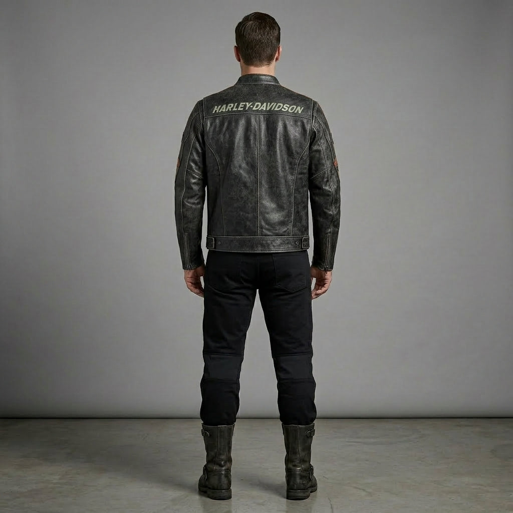 Men’s Harley-Style Distressed Leather Biker Jacket – Vintage Anthracite Moto