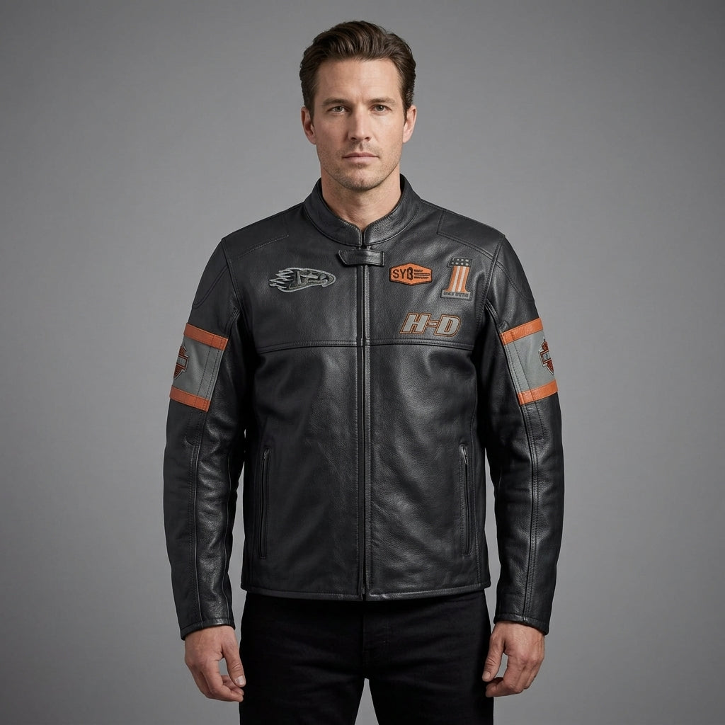 Men’s Harley-Davidson Style Black Leather Moto Jacket – Orange Script Edition