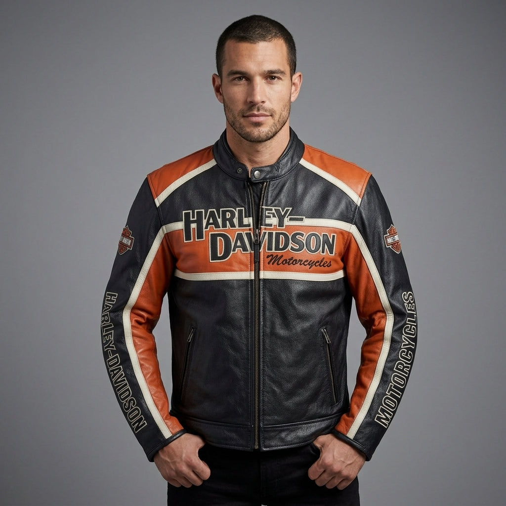 Men’s Harley-Style Leather Racing Jacket – Iconic Orange & Black Tricolor Moto
