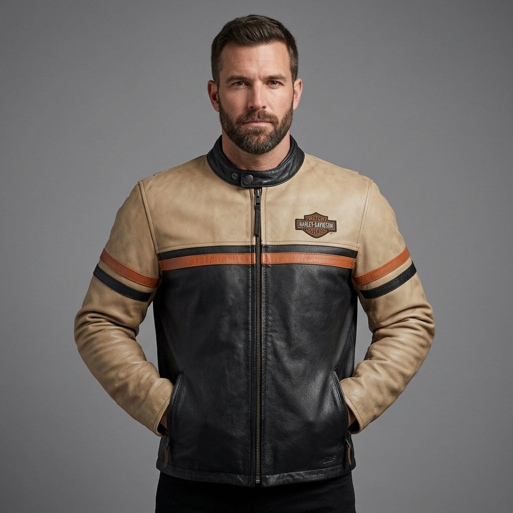 Men’s Harley-Style Leather Moto Jacket – Cream & Black Heritage Edition