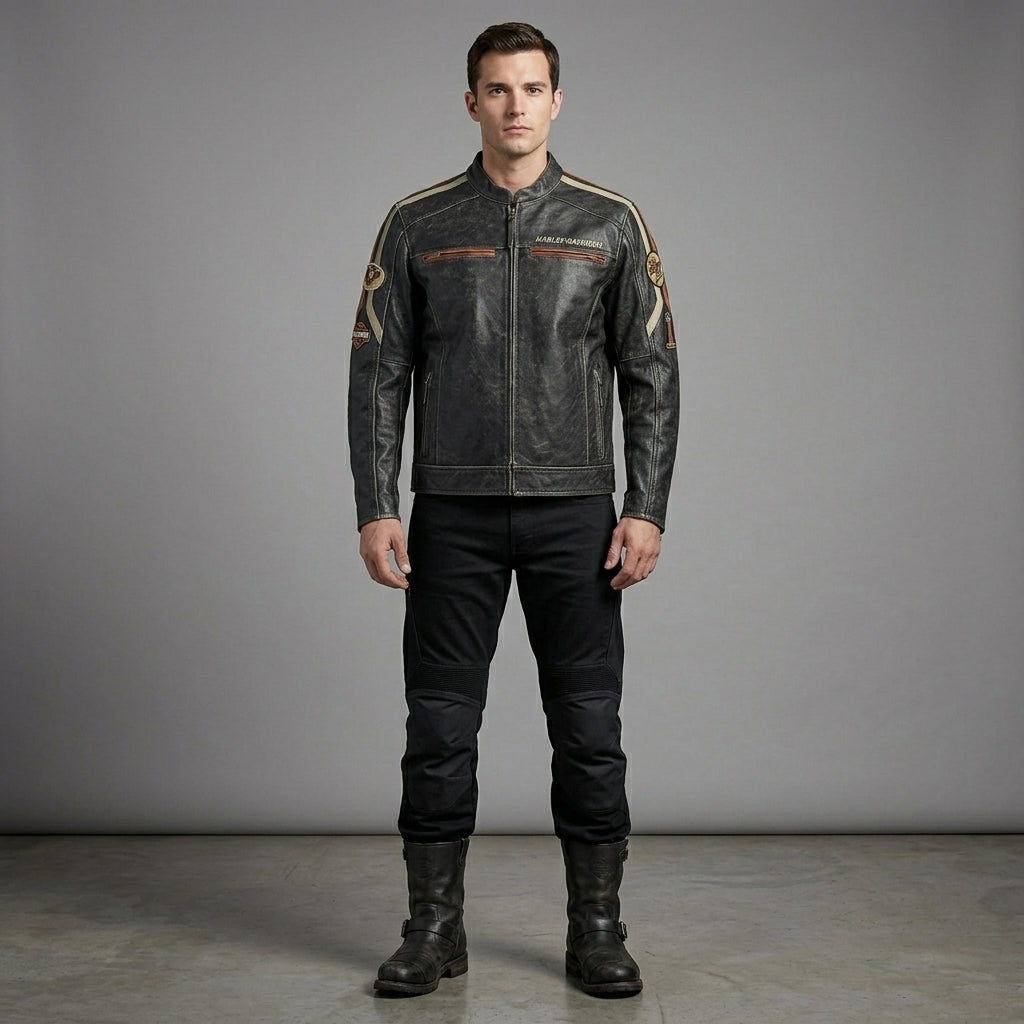 Men’s Harley-Style Distressed Leather Biker Jacket – Vintage Anthracite Moto